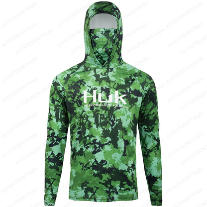 HUK Camouflage Long Sleeve Hooded Fishing Shirt with Mask: UPF 50+ UV Protection for Men