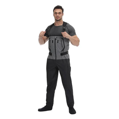 Breathable and waterproof fishing waders with adjustable straps.