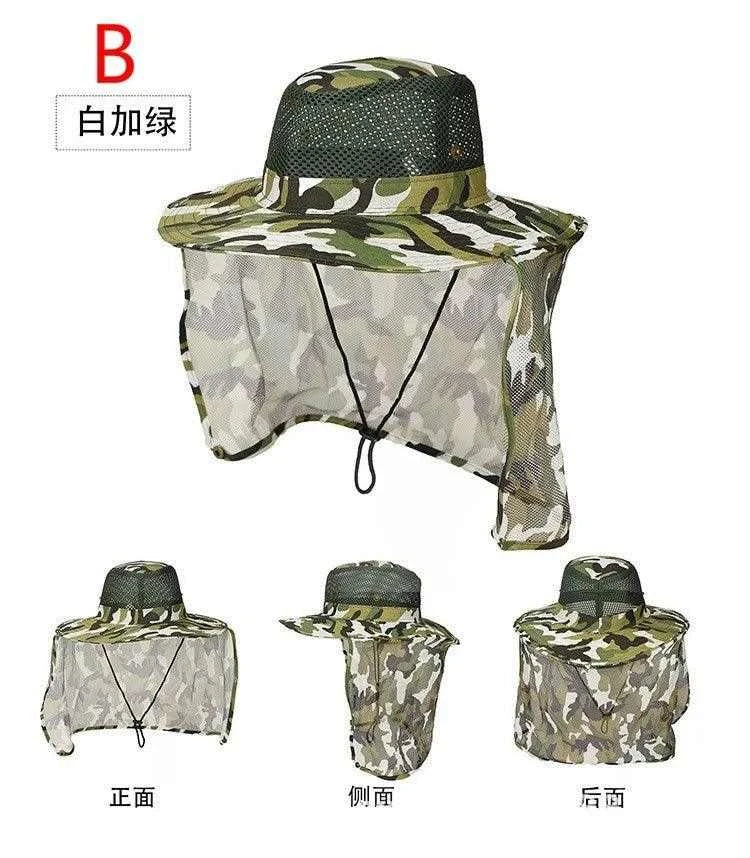 Camouflage outdoor fishing hat with wide brim, breathable mesh, and UV protection.