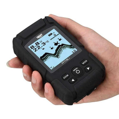 Lucky FF718Li wireless fishfinder with display, held in hand, showing depth and temperature readings.