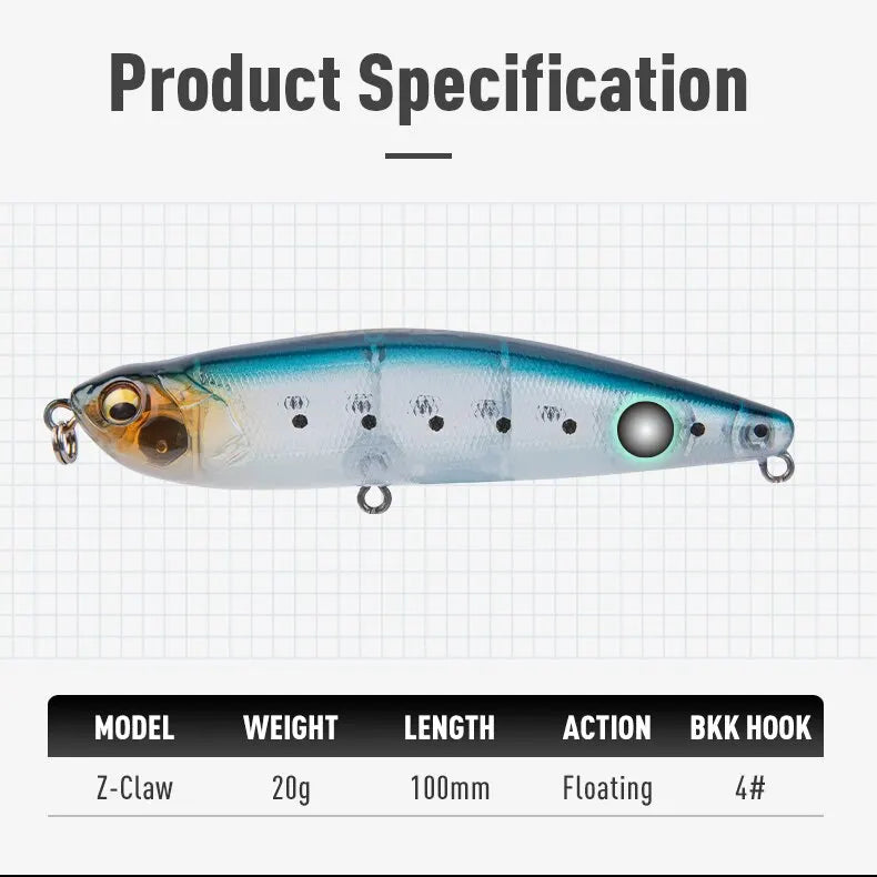 LEYDUN Z-Claw Floating Pencil Lures (2pc): Topwater Walk-the-Dog for Bass And Pike