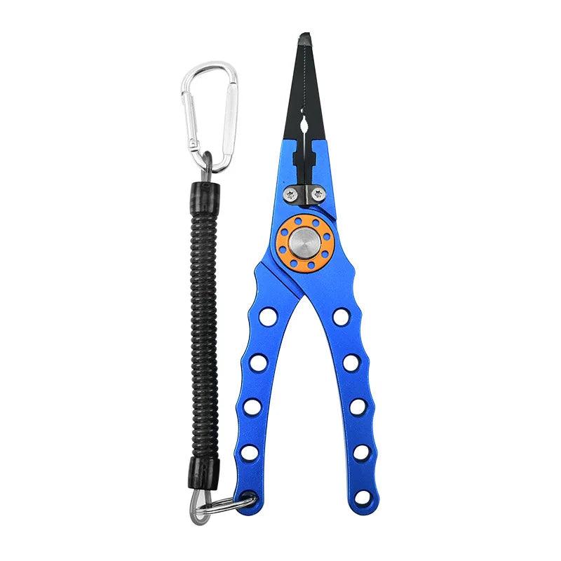 Blue stainless steel multifunctional fishing pliers with a coiled lanyard attached.