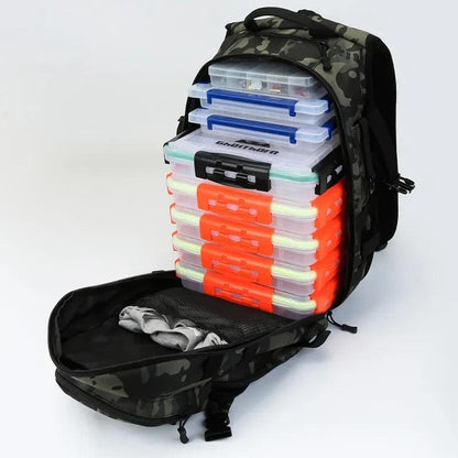 Rilibegan Fishing Backpack with tactical design and large capacity, showcasing organized compartments and durable canvas construction.