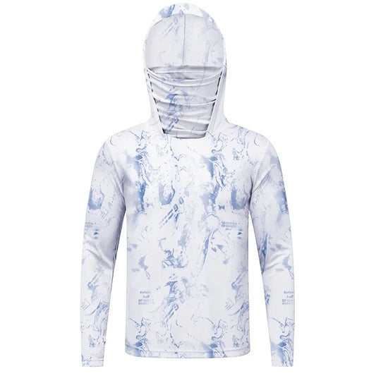 Long-sleeve shirt with a hood and blue abstract pattern on a white background