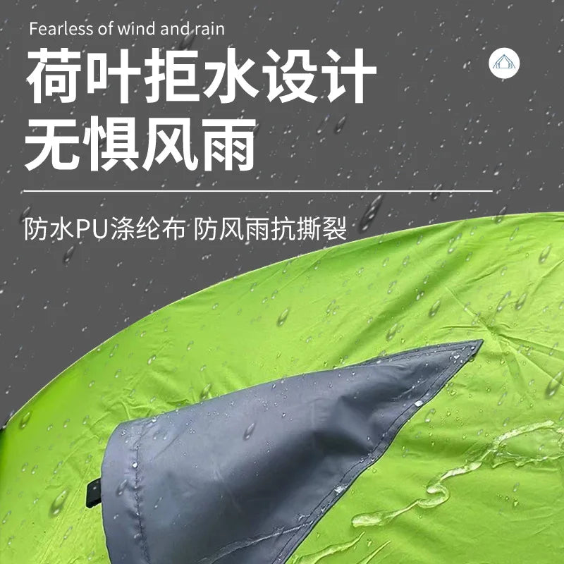 Green raincoat with water droplets on a dark background, featuring text about waterproof design.