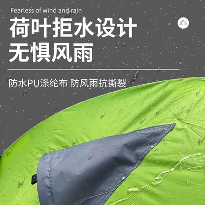 Green raincoat with water droplets on a dark background, featuring text about waterproof design.