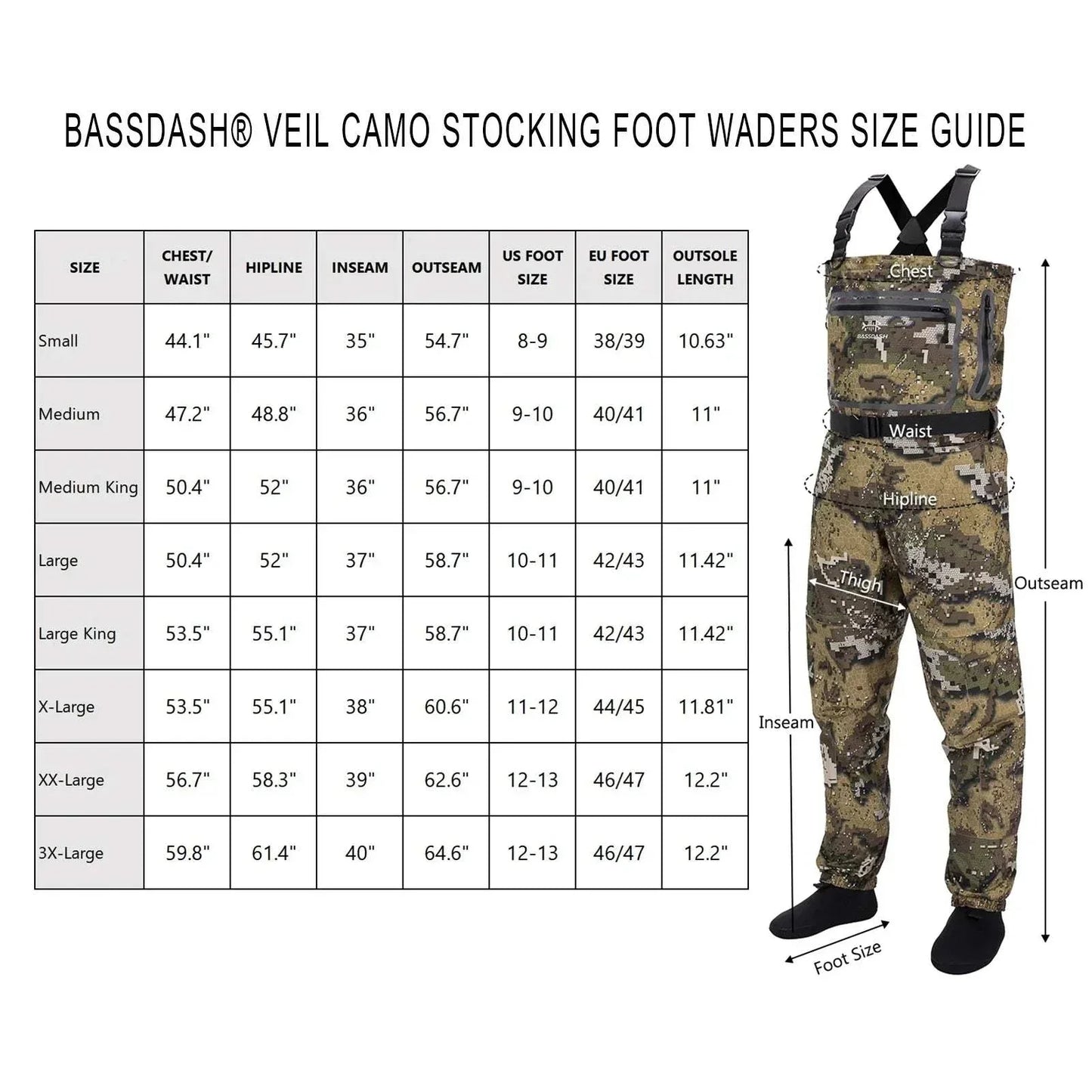 Bassdash Veil Camo Chest Waders size guide with camouflage design, ideal for fishing.