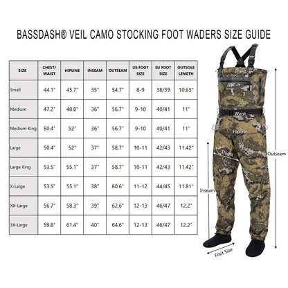 Bassdash Veil Camo Chest Waders size guide with camouflage design, ideal for fishing.