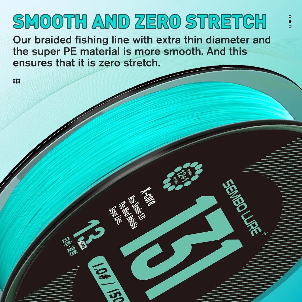 Spool of fishing line with text about smoothness and zero stretch