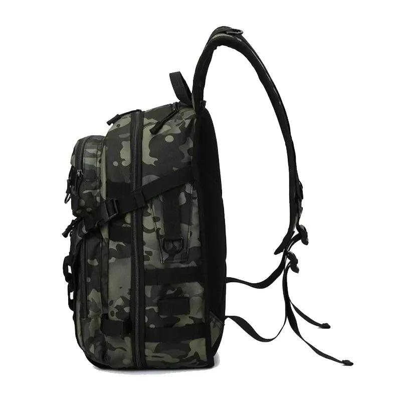 Rilibegan Fishing Backpack side view, tactical design, high-quality canvas, camouflage pattern.