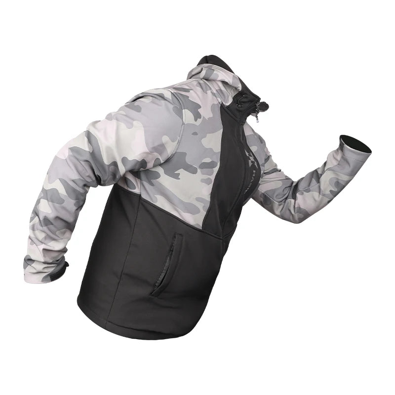 Camouflage jacket with black accents on a white background