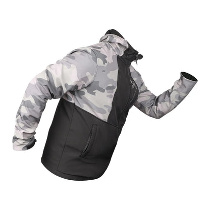 Camouflage jacket with black accents on a white background
