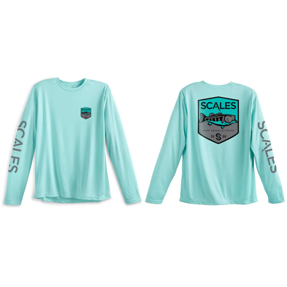 Front and back views of a mint green long-sleeve performance shirt by Scales, featuring a fish logo patch on the chest, a large fish logo patch on the back, and 'SCALES' printed down both sleeves.