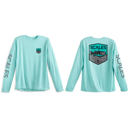Front and back views of a mint green long-sleeve performance shirt by Scales, featuring a fish logo patch on the chest, a large fish logo patch on the back, and 'SCALES' printed down both sleeves.