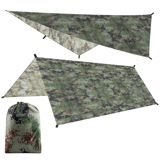 Camouflage portable ultralight tarp for outdoor camping, multifunctional shelter with storage bag.