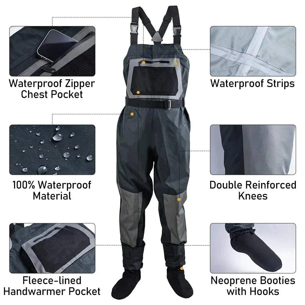 Goture men's waterproof fishing chest waders with features like waterproof zipper chest pocket, fleece-lined handwarmer pocket, double reinforced knees, and neoprene booties.