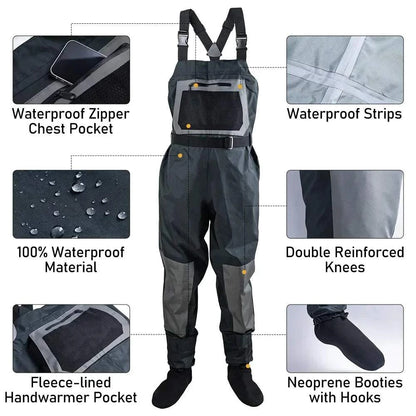 Goture men's waterproof fishing chest waders with features like waterproof zipper chest pocket, fleece-lined handwarmer pocket, double reinforced knees, and neoprene booties.