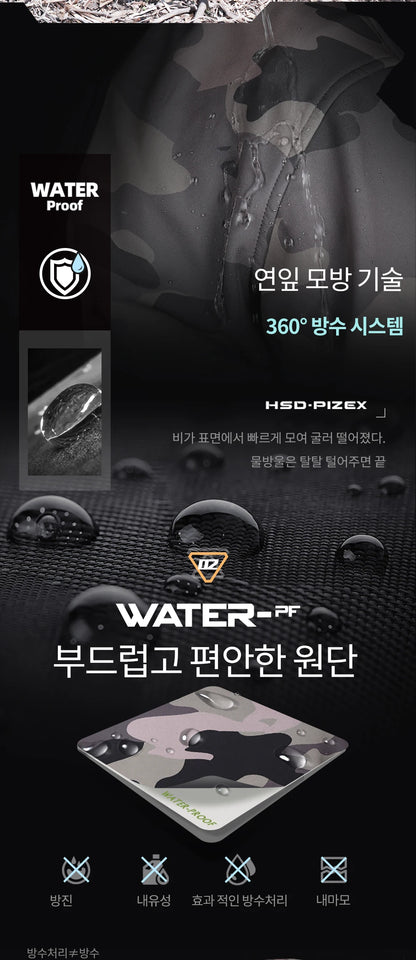 Product advertisement with water-resistant feature and various text on a dark background