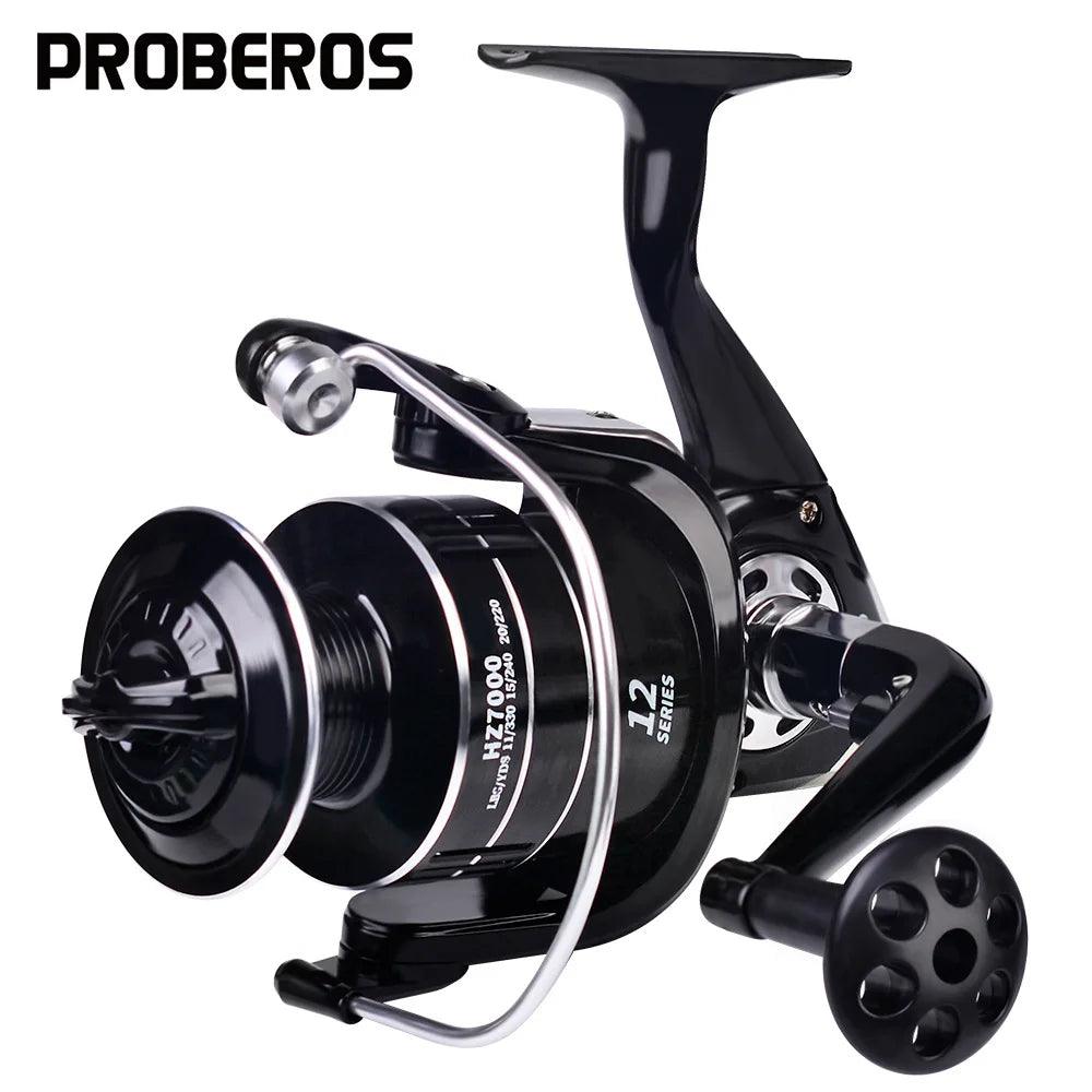 Proberos HZ1000-7000 Series Spinning Reel, black fishing reel with ergonomic handle.