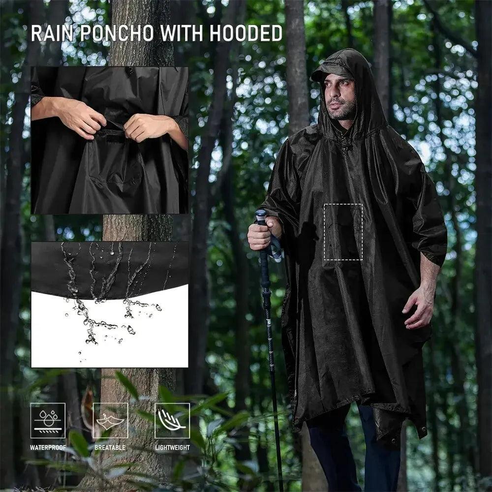 3 In 1 Outdoor Military Raincoat Hooded Sleeve Waterproof Rain Poncho Motorcycle Rain Cover Camping Hiking Travel Rainwear Tent - Nex Fisher Hub