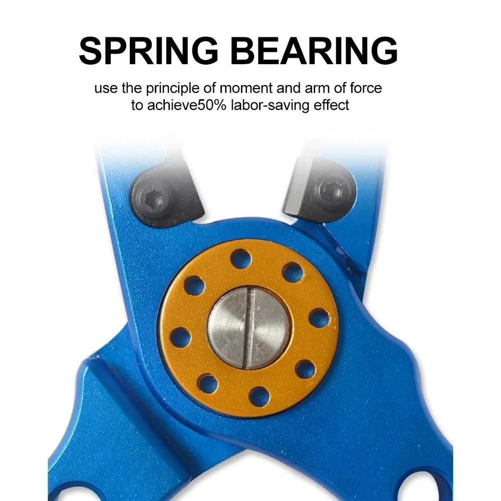 Close-up view of multifunctional fishing pliers with spring bearing detail for enhanced performance.