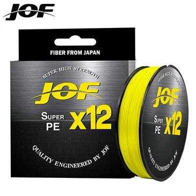 JOF X12 Braided 100m/300m Super Strong Multifilament Fishing Line in yellow packaging.