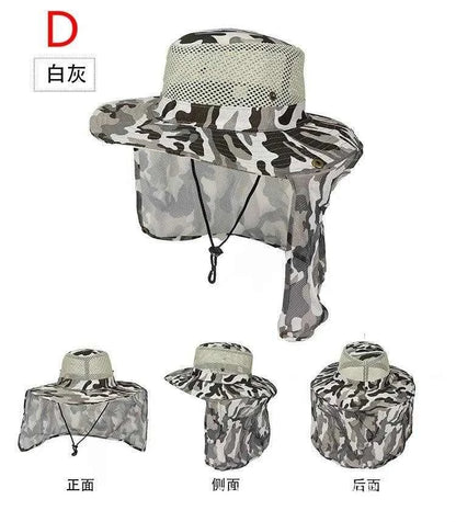 Camouflage outdoor fishing hat with wide brim and breathable mesh for sun UV protection.