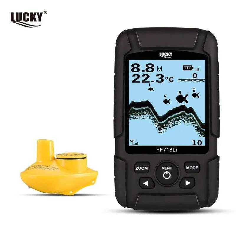 Lucky FF718Li Wireless Fish Finder with sonar display and yellow sensor for fishing in all-season conditions.