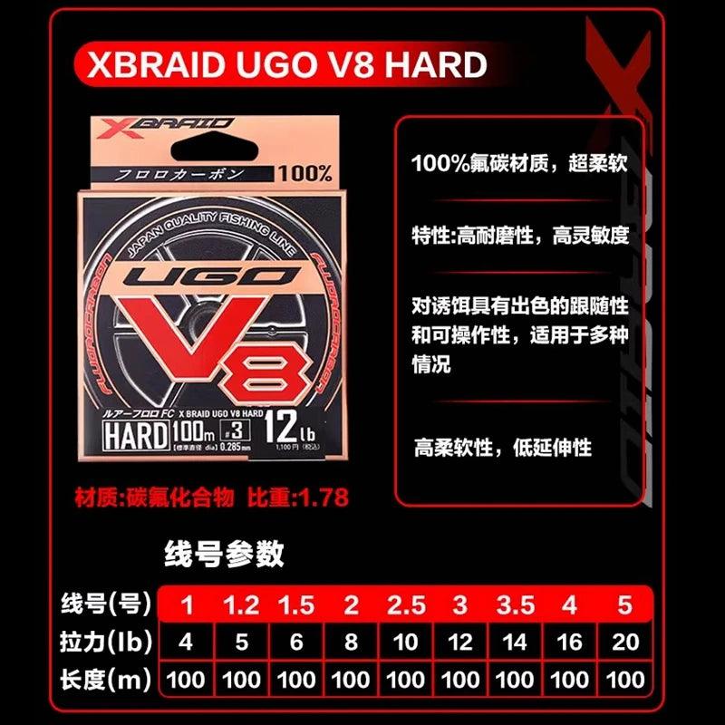 Original YGK X BRAID UGO V8 HARD 100% FLUROCARBON Fishing Line 100M #1-#5 4LB-20LB Super strength Japan QUALITY  fishing lines - Nex Fisher Hub