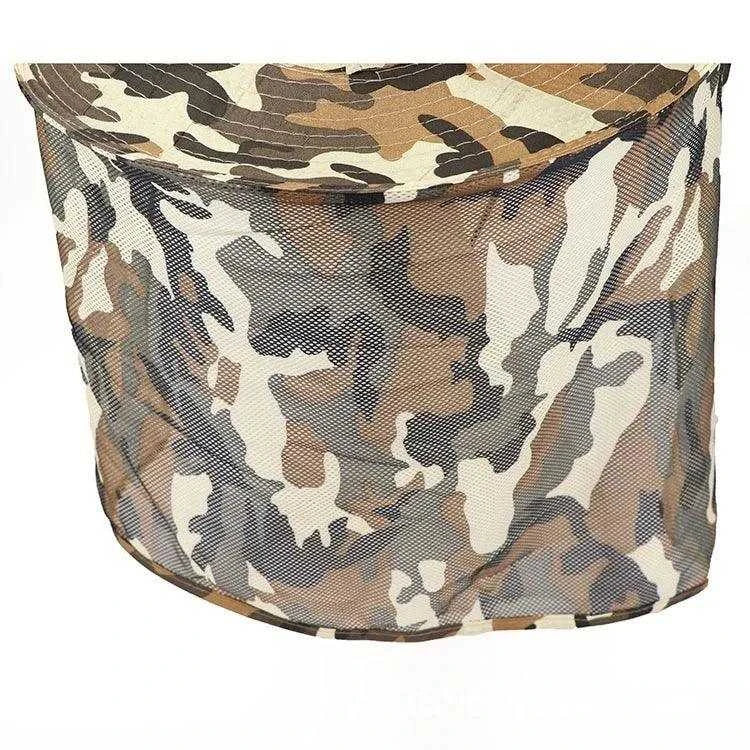 Camouflage fishing hat with wide brim and breathable mesh for sun UV protection.