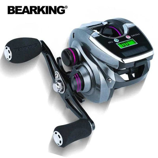 Bearking SX solar-powered digital counter baitcast reel with ergonomic handle and digital display.