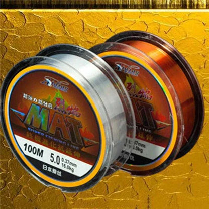 LAIMALA Leader Main Line 100m fluorocarbon fishing line spools on gold background.