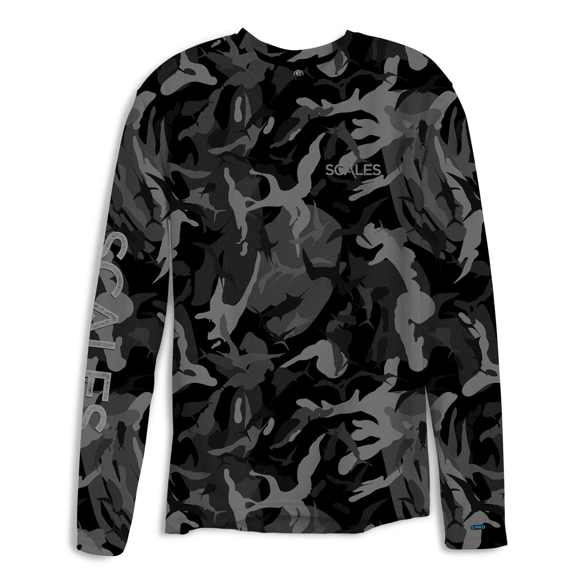 A long-sleeve crewneck shirt featuring a dark gray and black camouflage pattern, with 'SCALES' printed in white on the left chest and down the right sleeve.
