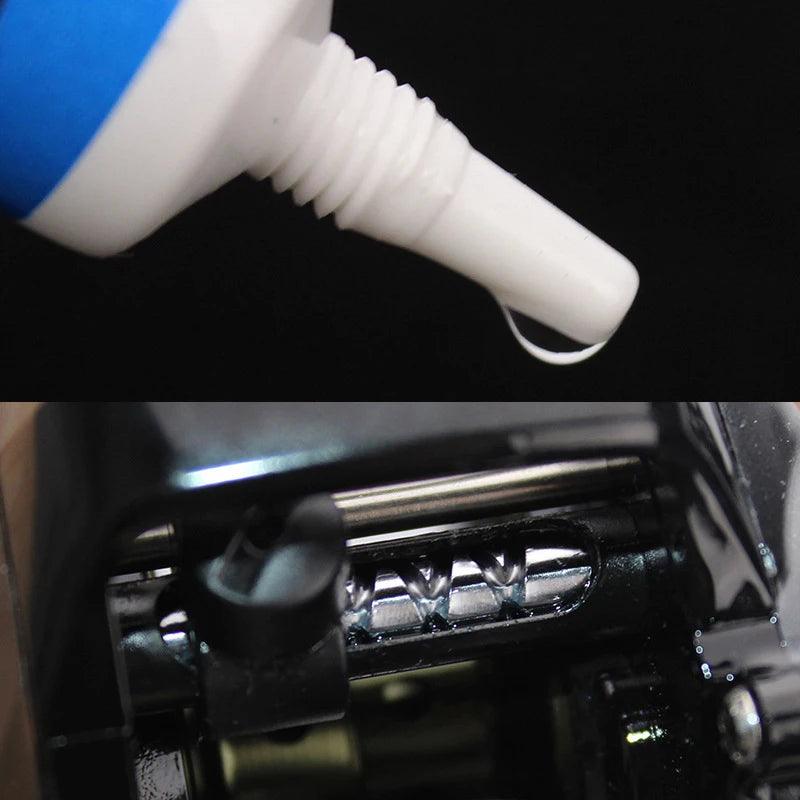 Close-up of Premium Reel Care Kit oil applicator and gear lubrication.