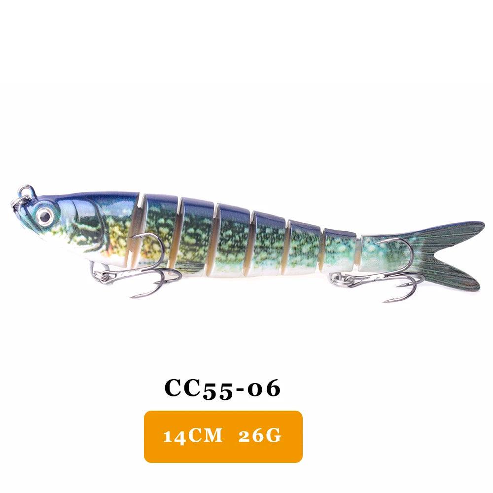 AYWFISH Multi Jointed Swimbait CC55-06, 14cm, 26g, lifelike fishing lure with multi-jointed body and sharp treble hooks for freshwater and saltwater fishing.