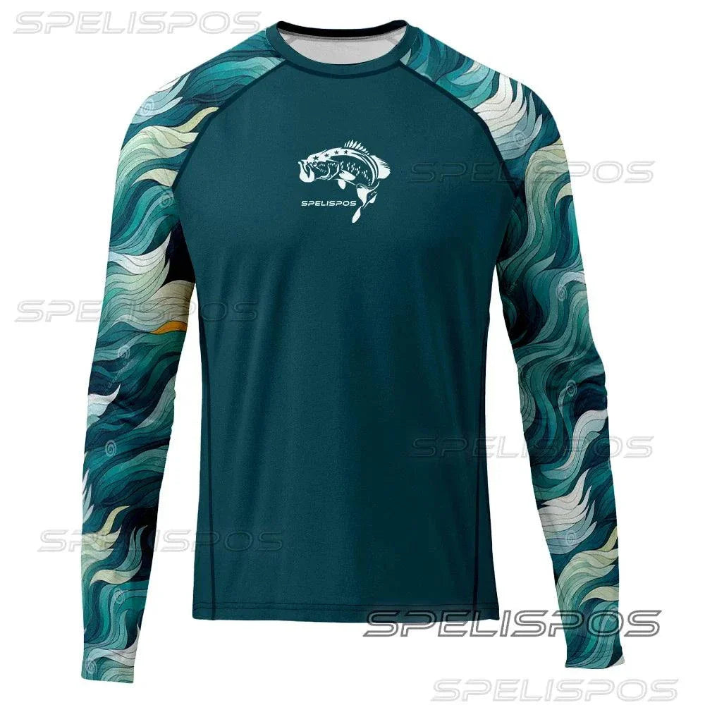 Men's long-sleeve fishing shirt with wave pattern, offering UPF 50+ sun protection and moisture-wicking comfort.