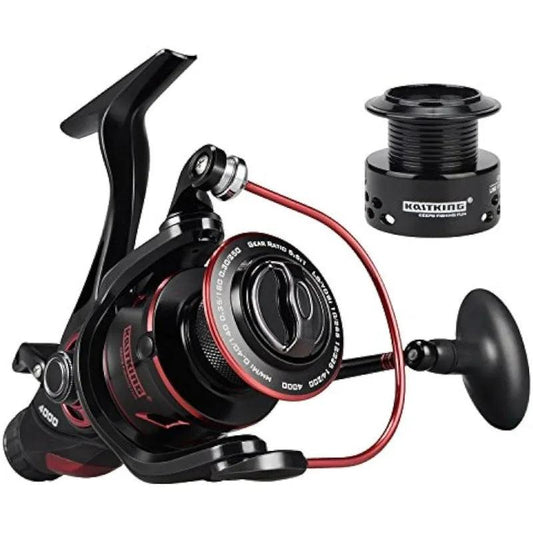 KastKing Sharky Baitfeeder III Spinning Reel with spare spool, black and red design.