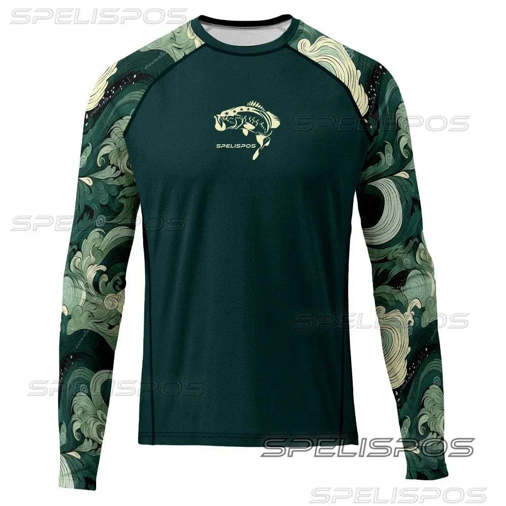 SPELISPOS Men's Long-Sleeve Fishing Shirt with UPF 50+ sun protection, featuring a green design and wave-patterned sleeves.