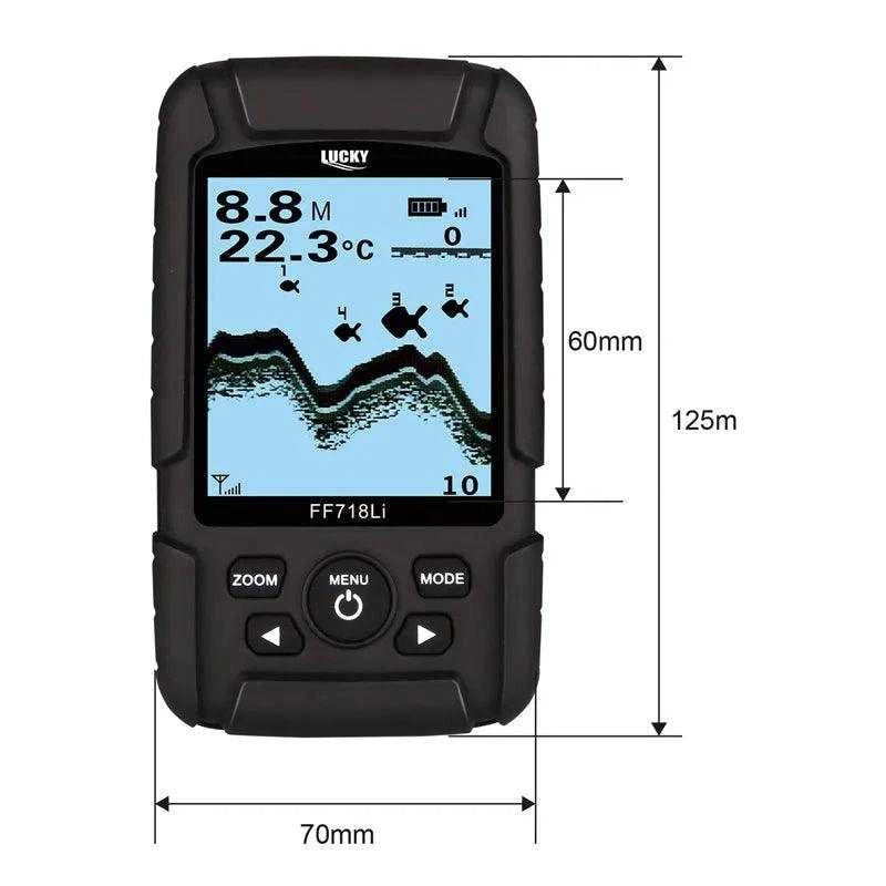 Lucky FF718Li Wireless Sonar Fish Finder with LCD display, showcasing depth and temperature readings for underwater fishing.