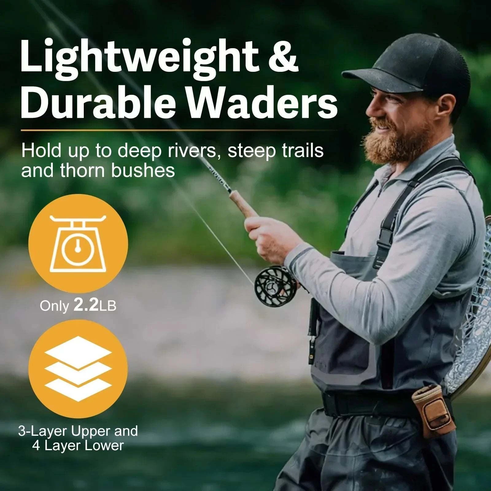 Lightweight and durable fishing waders for deep rivers and trails.