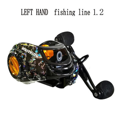 KASTKING Baitcast Fishing Reel, left-hand model with vibrant design and orange accents, gear ratio 7.2:1.