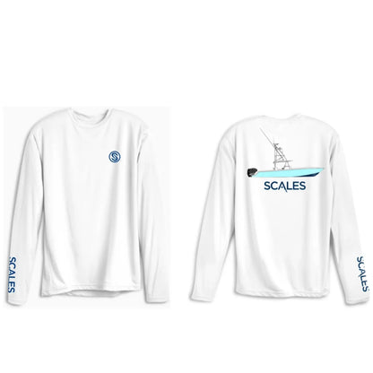 White long-sleeve performance shirt shown from the front and back. The front features a small blue circular logo on the left chest and 'SCALES' printed down the right sleeve.