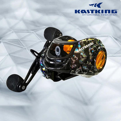 KastKing baitcast fishing reel with alloy body and carbon fiber side covers.