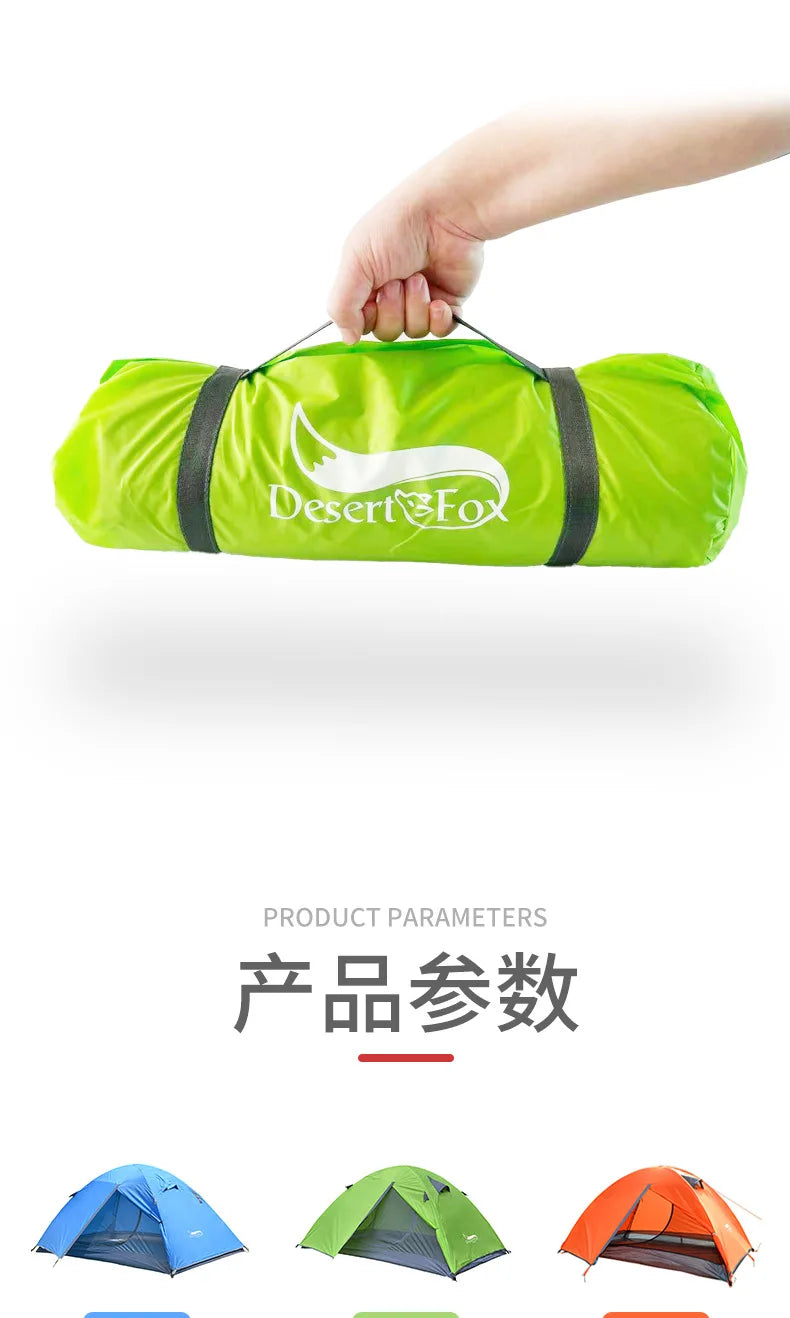 Green sleeping bag with 'Desert Fox' branding held by a hand on a white background