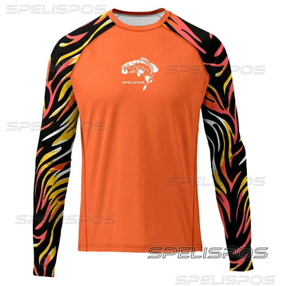 Men's long-sleeve orange fishing shirt with colorful sleeves, UPF 50+ protection.