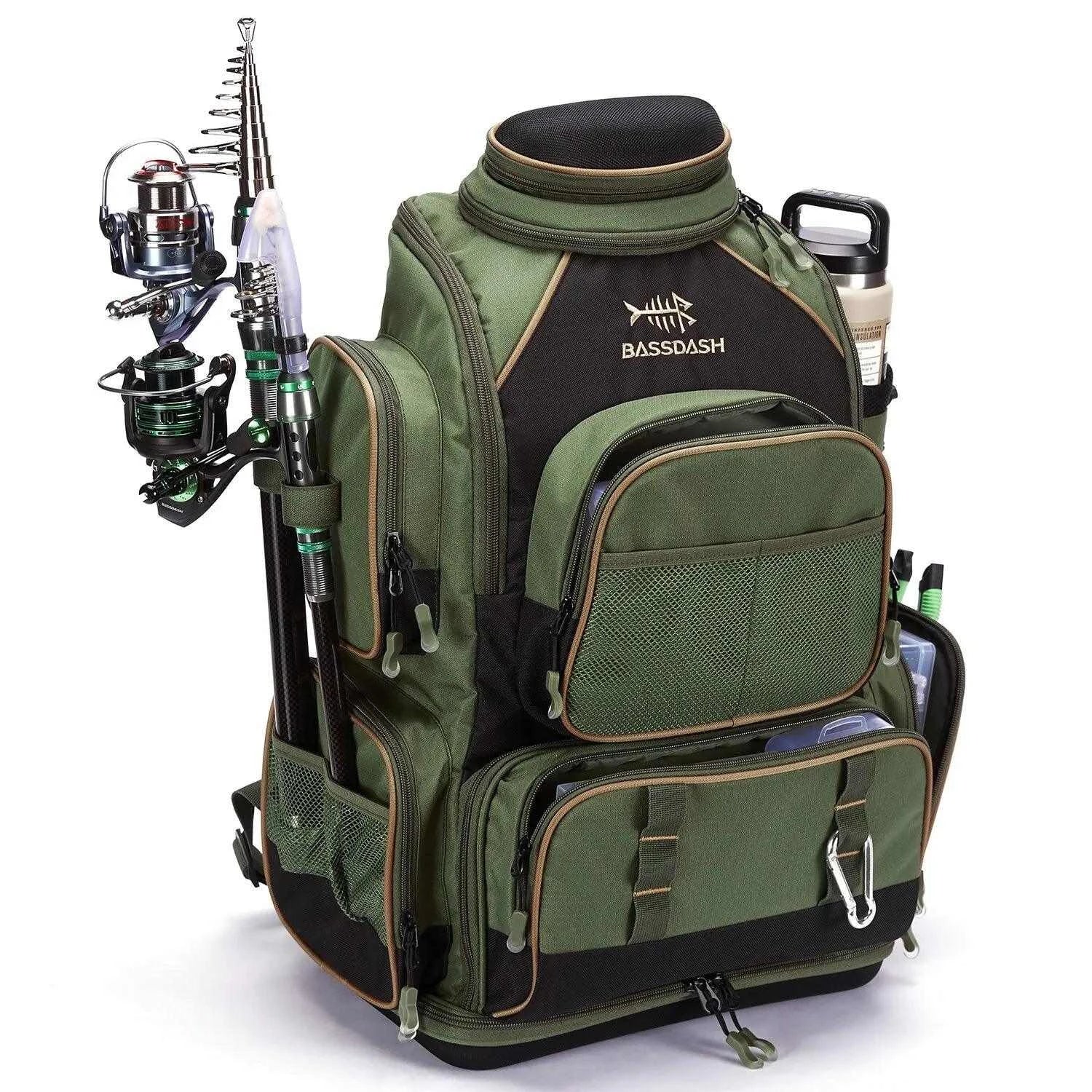 BassDash BD-02 Tactical Tackle Backpack with fishing gear and accessories.