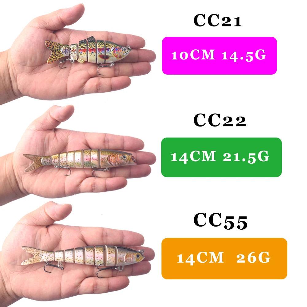 AYWFISH Multi Jointed Swimbait models CC21, CC22, and CC55 sizes and weights in hand for fishing.