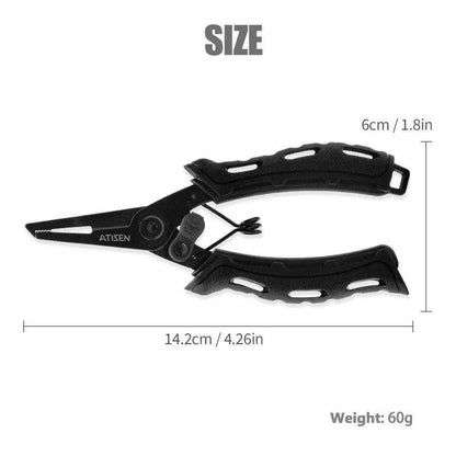 ATISEN fishing pliers and fish grip set, stainless steel, measurement details shown.