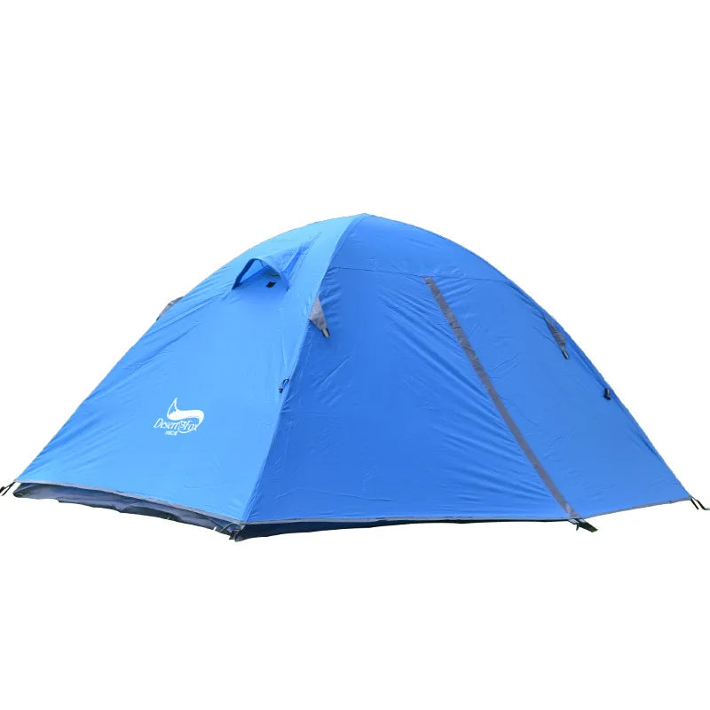 Blue camping tent with a visible brand logo on a white background