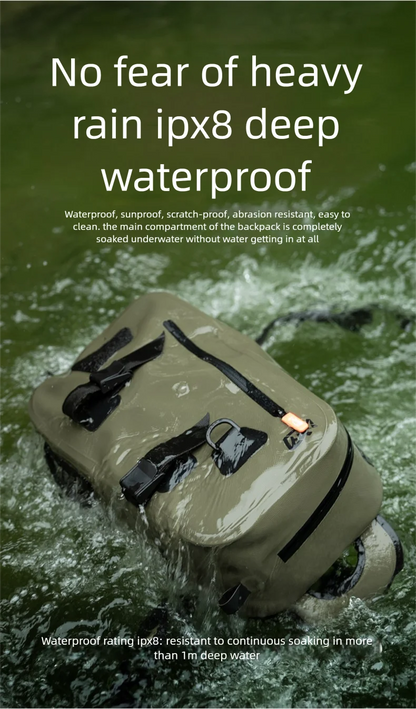 Waterproof backpack with text highlighting its ipx8 rating and features.